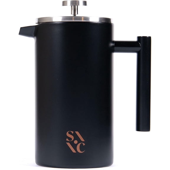 Stone & Clay Modern French Press - Black Stainless Steel Coffee Press - Double Walled Insulated Carafe with 1L/34oz Measurement - Cool Touch Handle, Beveled Lid, and Grooved Spout - 8 Cup Maker