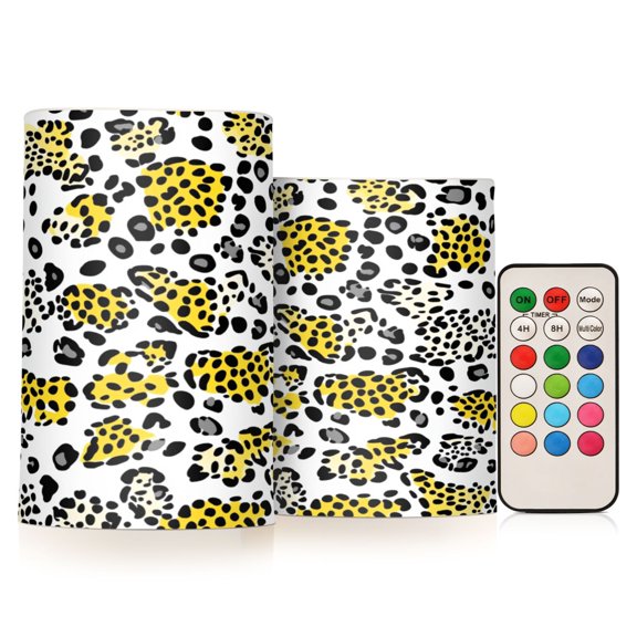 2 PCS Flameless Candles with Remote Timer LED Battery Operated Flickering Candle Light for Wedding Table Home Decoration Gifts White Leopard Print Pattern