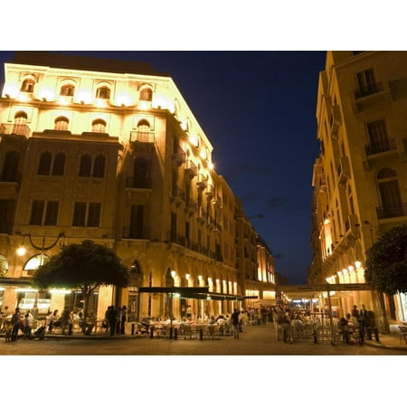 Street Side Cafe Area, Place d'Etoile (Nejmeh Square) at Night, Downtown, Beirut, Lebanon Print Wall Art By Christian (Best Cafe In Lebanon)