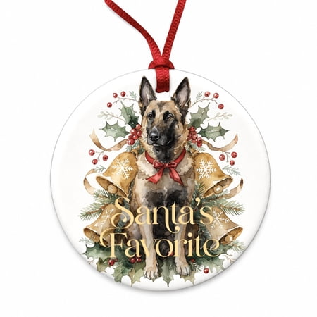 Belgian Malinois Dog Sitting Christmas Santa's Favorite Christmas Tree Holiday Round Ceramic Ornament