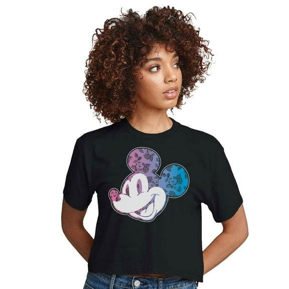 Mickey & Friends - Gradient Floral Mickey Fill - Juniors Cropped Cotton Blend T-Shirt