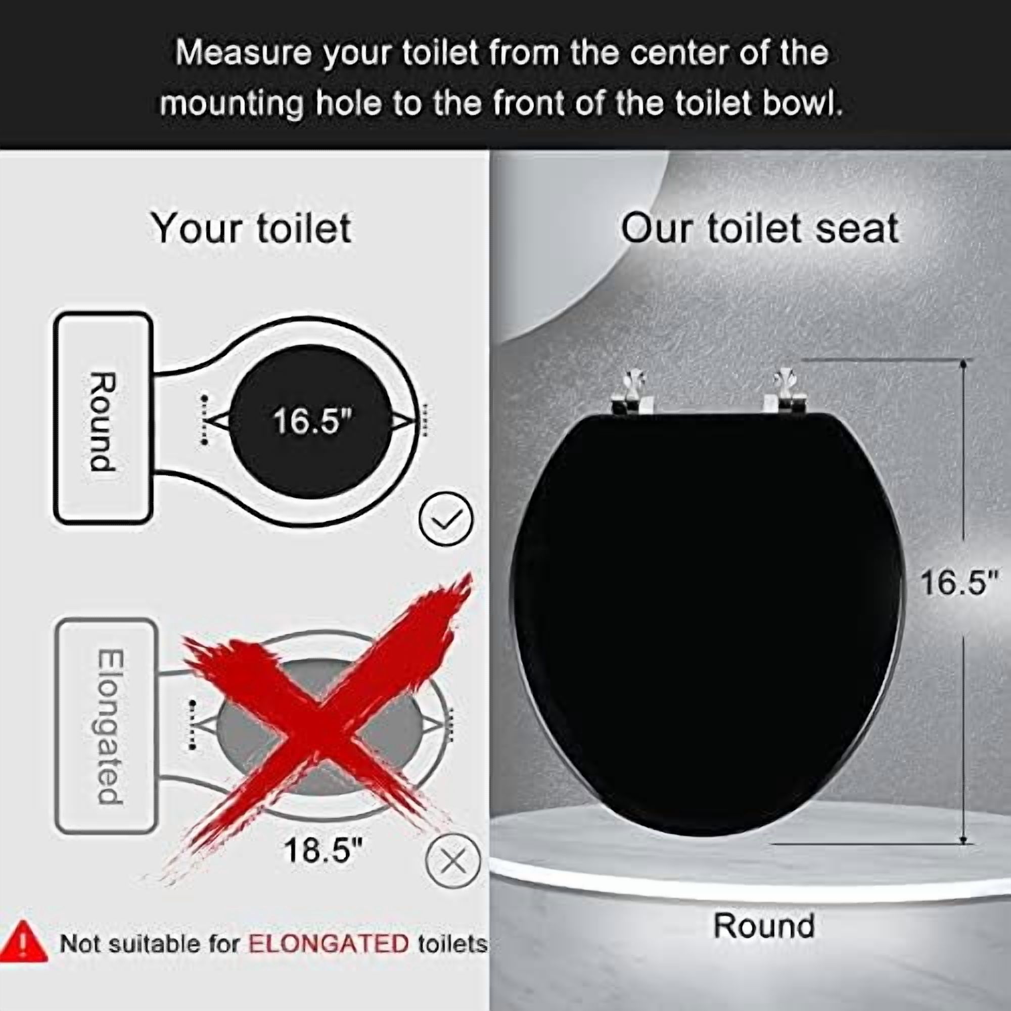 Black Round Toilet Seat Natural Wood Toilet Seat with Zinc Alloy Hinges, Easy to Install also Easy to Clean, Scratch Resistant Toilet Seat by  (Round, Black)