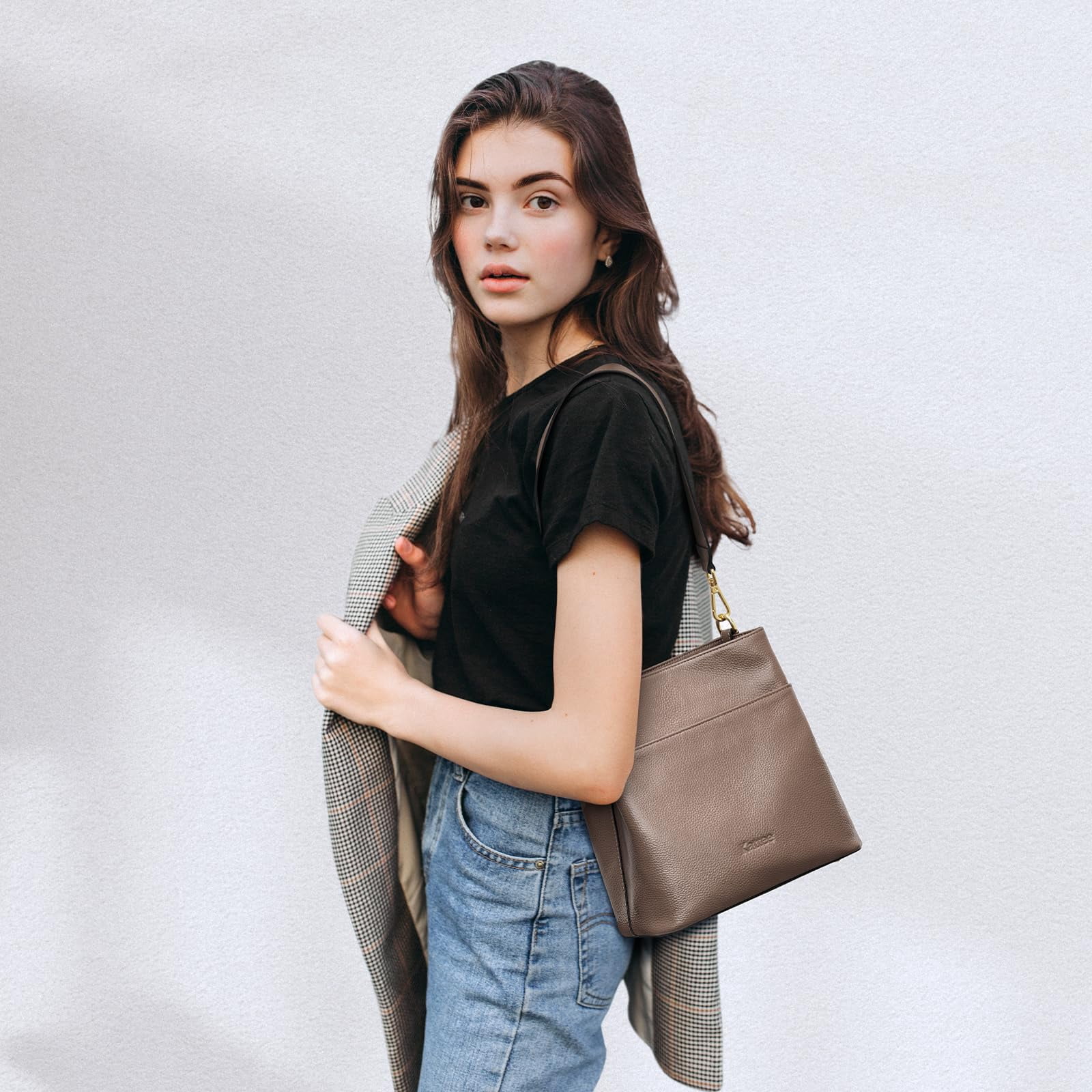 Kattee Leather Handbags for Women, Medium Soft Shoulder Tote Crossbody Purses Bucket Bags with 2 Straps