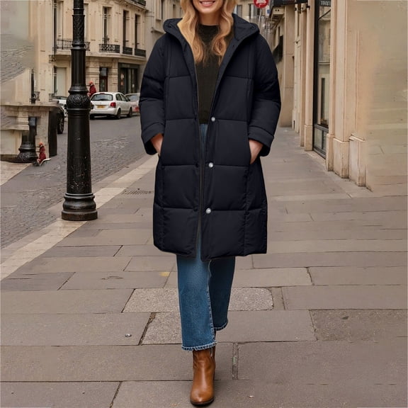 Women's 2026 Long Hooded Puffer Coat, Mid-Length Oversized Jacket, Thick Cotton Filled Parka, Multi-Pocket Winter Coat, Casual Korean Style Coat Black L