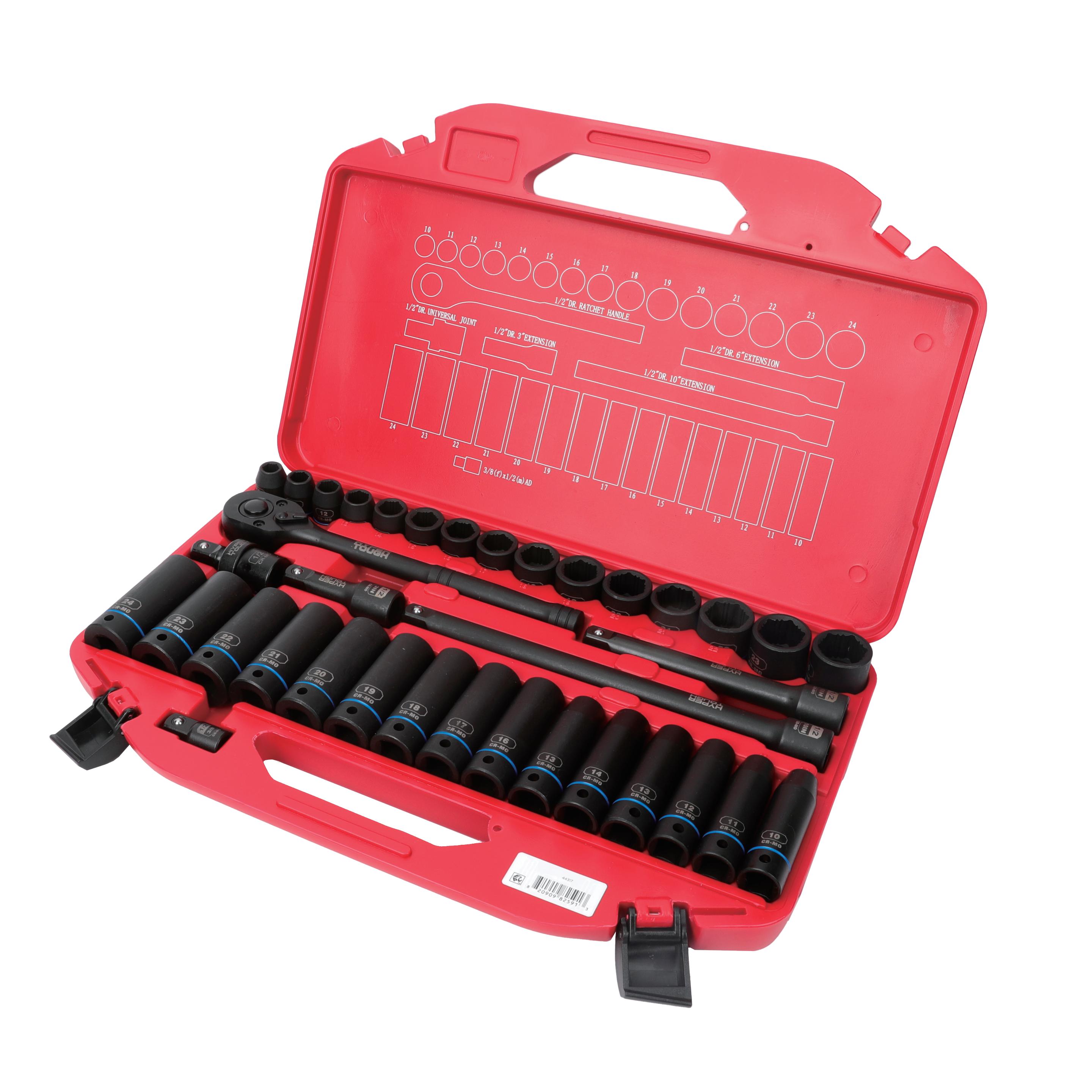 Juego de dados de impacto Hyper Tough de 36 piezas, 1/2 pulgada, métrico, CRMO (mm) 2