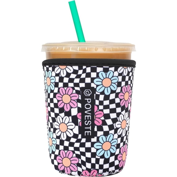 Reusable Neoprene Insulator Sleeve for Iced Coffee & Cold Soda, Coffee Sleeves for Iced & Hot Drinks, Cold Beverage Cooler Compatible with Starbucks, Dunkin (Checkerboard&Daisy, Small: 16-18oz)