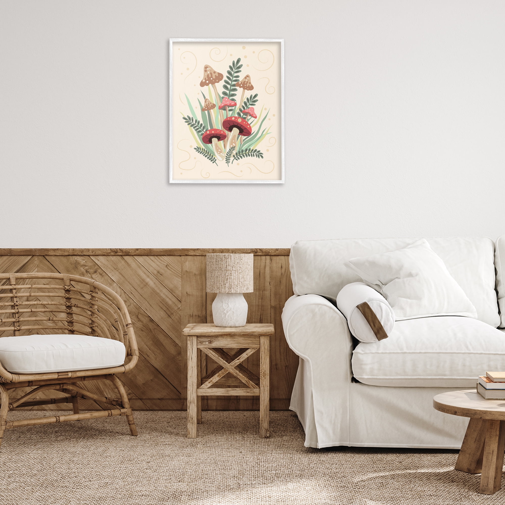 Stupell Industries Mushrooms & Swirl Pattern Botanical & Floral Painting White Framed Art Print Wall Art, 24 x 30