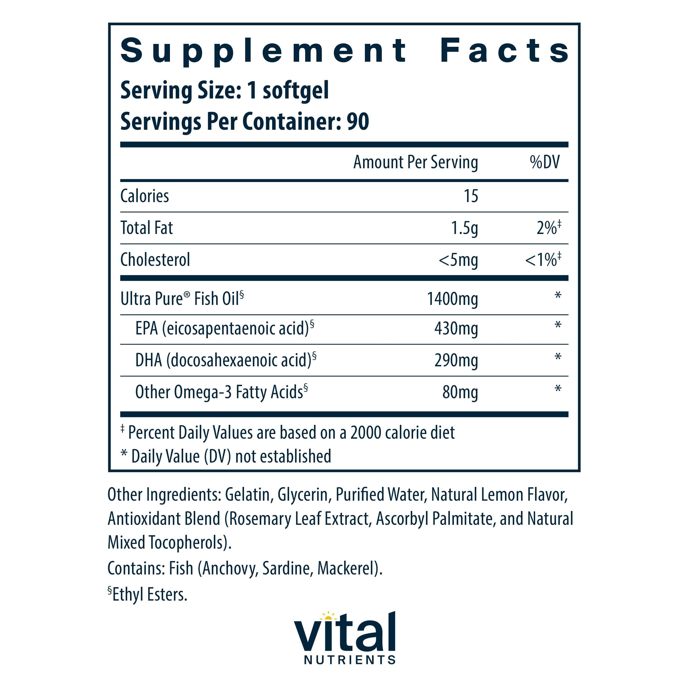 Vital Nutrients Ultra Pure Fish Oil 800 | Supports Heart, Brain, & Immune Health | Sustainably Sourced High EPA & DHA Omega-3 Fatty Acid | Lemon Flavor | Gluten, Dairy, Soy Free | 90 Softgels