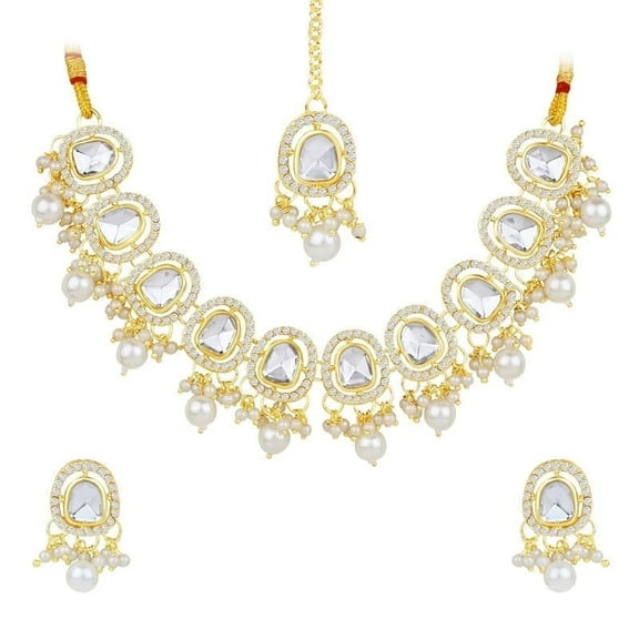 Parshwa Creations Women's Indian Gold Plated Jewelry Set,Bollywood Style Wedding & Bridal Wear Necklace Earrings Rhinestone Jewelry Set