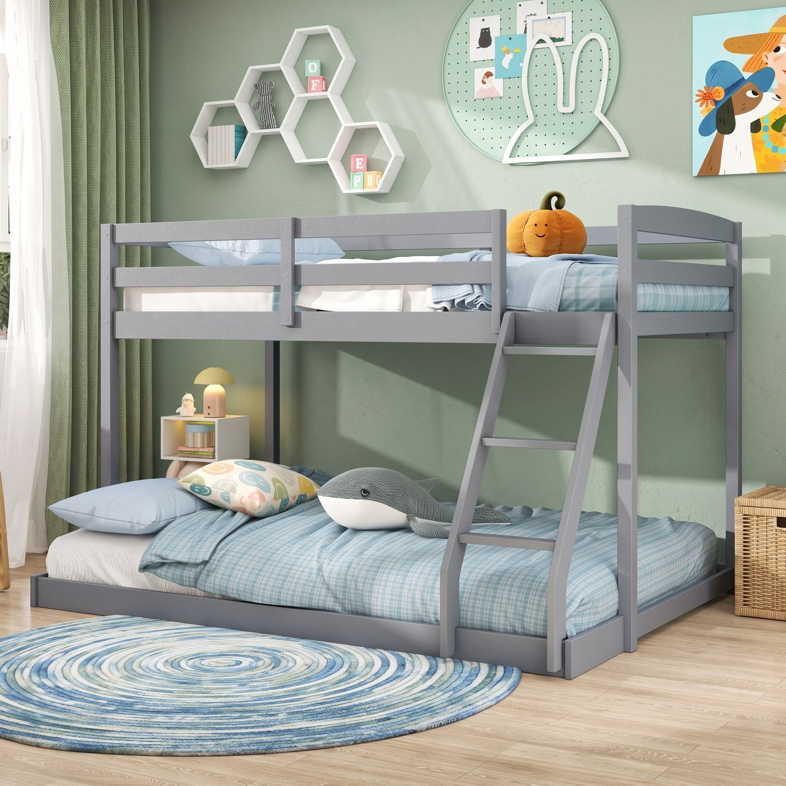 Furnibear Twin Over Full Low Floor Wood Bunk Bed with Guardrails and Integrated Ladder for Kids Teens and Guest Rooms, Gray