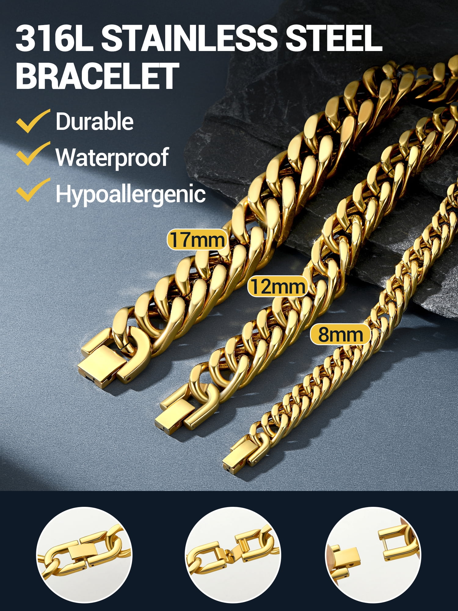 PROSTEEL 12mm Gold Plated Cuban Chains Bracelets for Men Chunky Stainless Steel Franco Link Bracelet for Son Husband Father Day Hand Bracelet Jewelry Birthday Valentine Graduation Gifts 8.3 inch