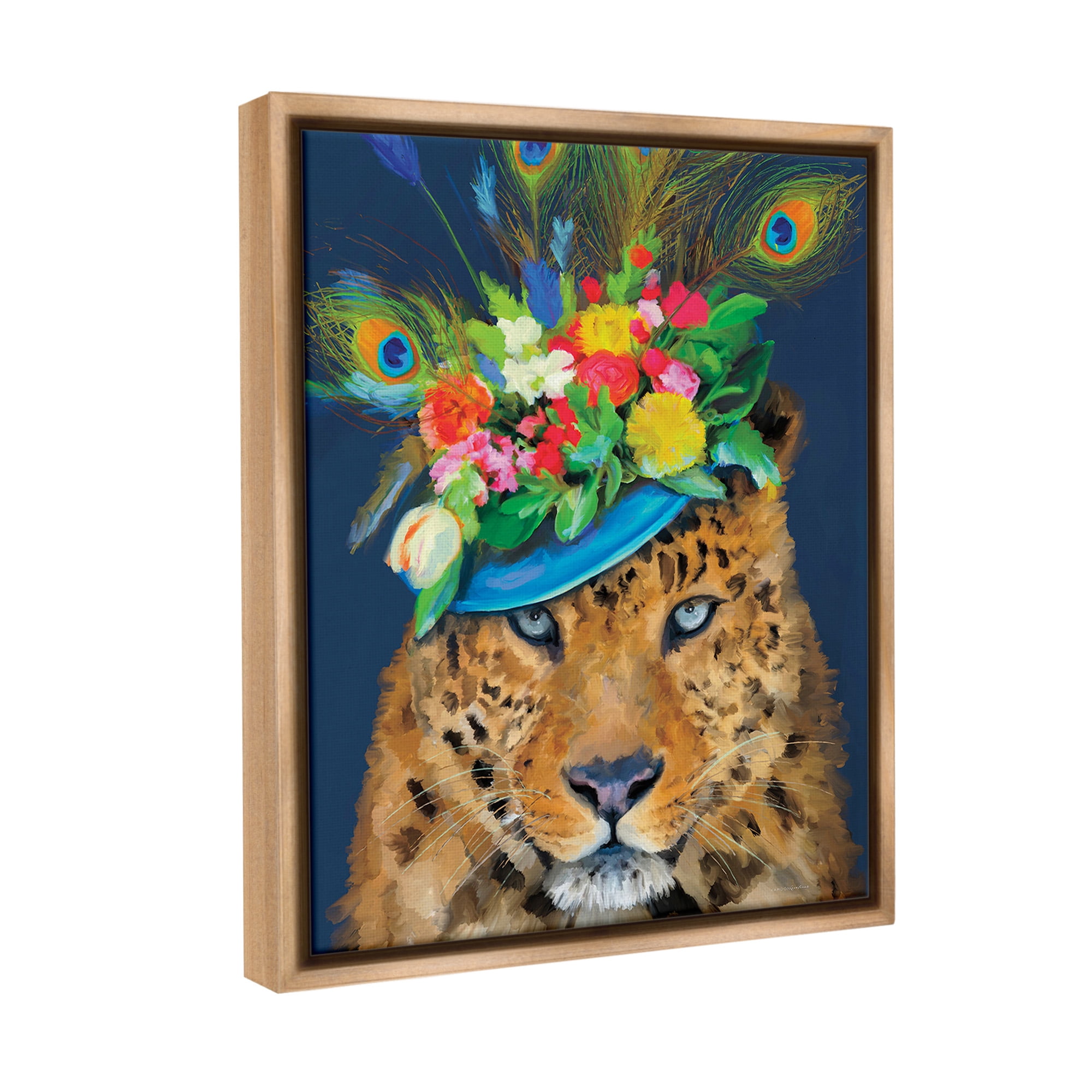 Stupell Industries Cheetah with Feather Hat Animals & Insects Painting Brown Floater Framed Canvas Art Print Wall Art, 25 x 31