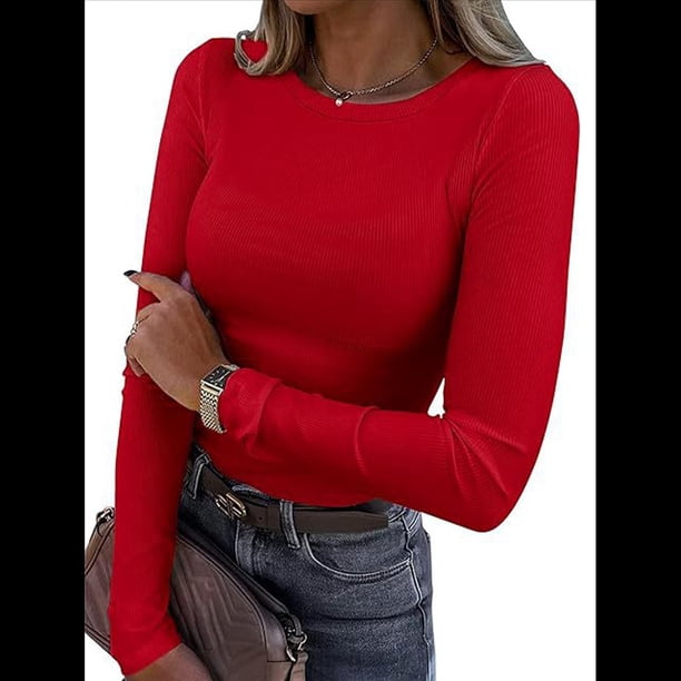 Camisetas de Larga para Mujer, Tops Ajustados de Punto Acanalado, Conjuntos de Otoño, Camisetas Informales, Ropa Interior, Ropa Interior, Rojo M