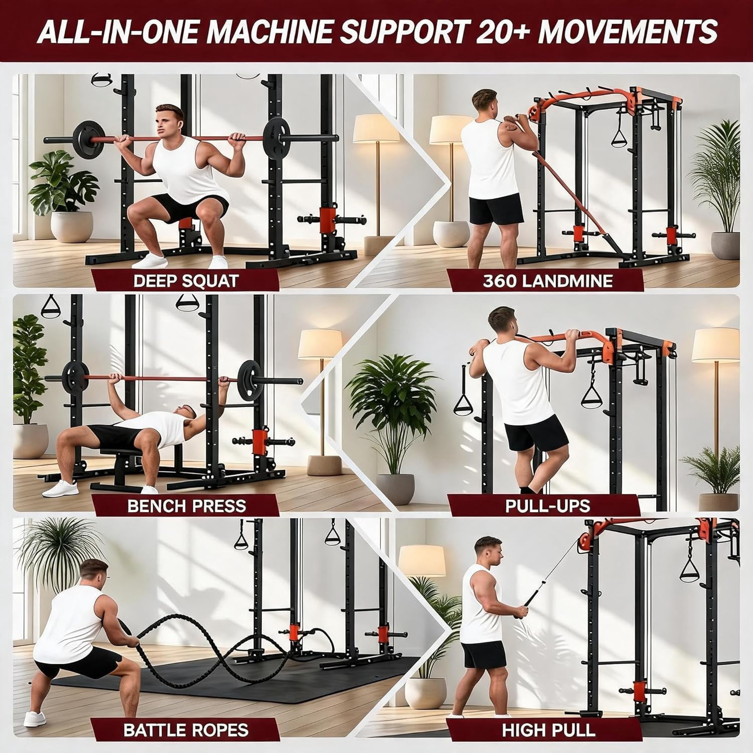 Memoryfield Power Cage with Cable Crossover System, 2000 lbs Capacity Power Rack with LAT Pulldown, Multi-Function Workout Cage with Pulley System for Strength Training, Orange