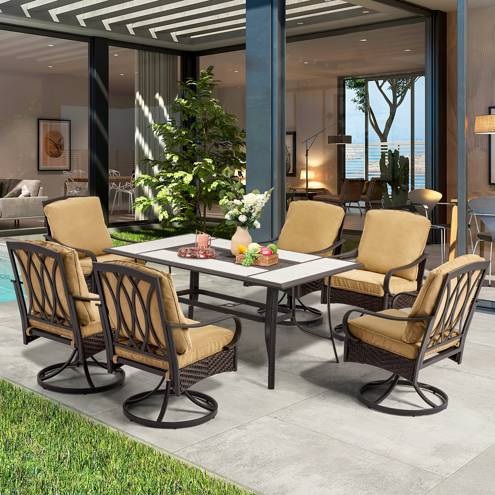 Yoleny Patio Table and Chairs for 6, Outdoor Dining Sets with 6 Swivel