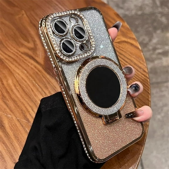 ZHaobin Diamond Clear Glitter Magsafe Case for iPhone 16 14 Pro Max 15Plus Mirror Magnetic Phone Holder Stand Soft Cover (Gold,For iPhone 15ProMax)