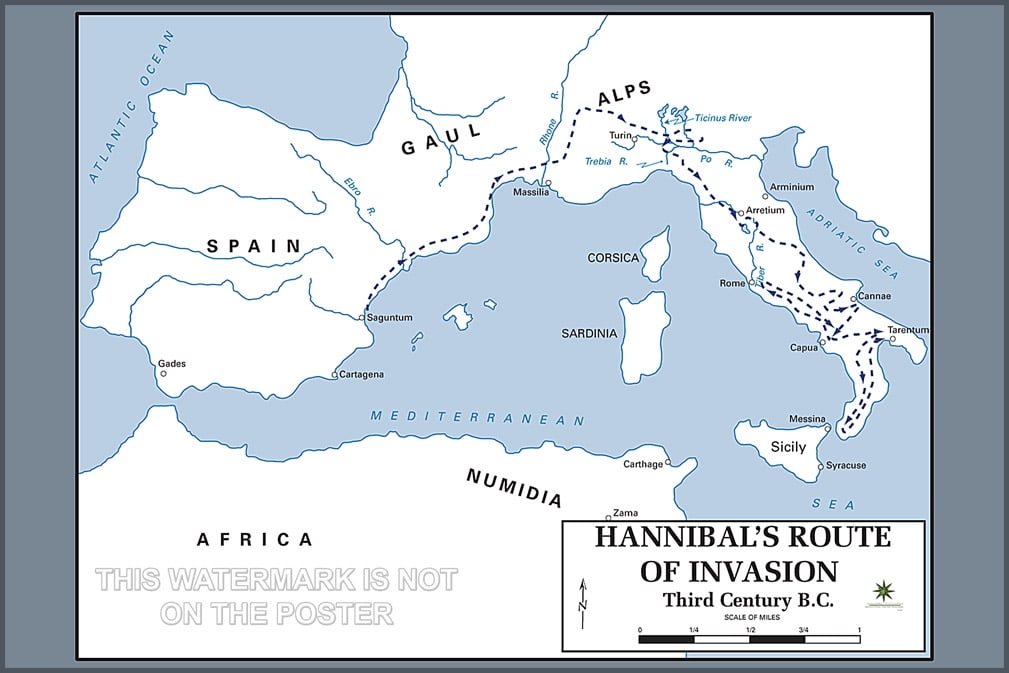 24"x36" Gallery Poster, Hannibal barca invasion of roman empire route