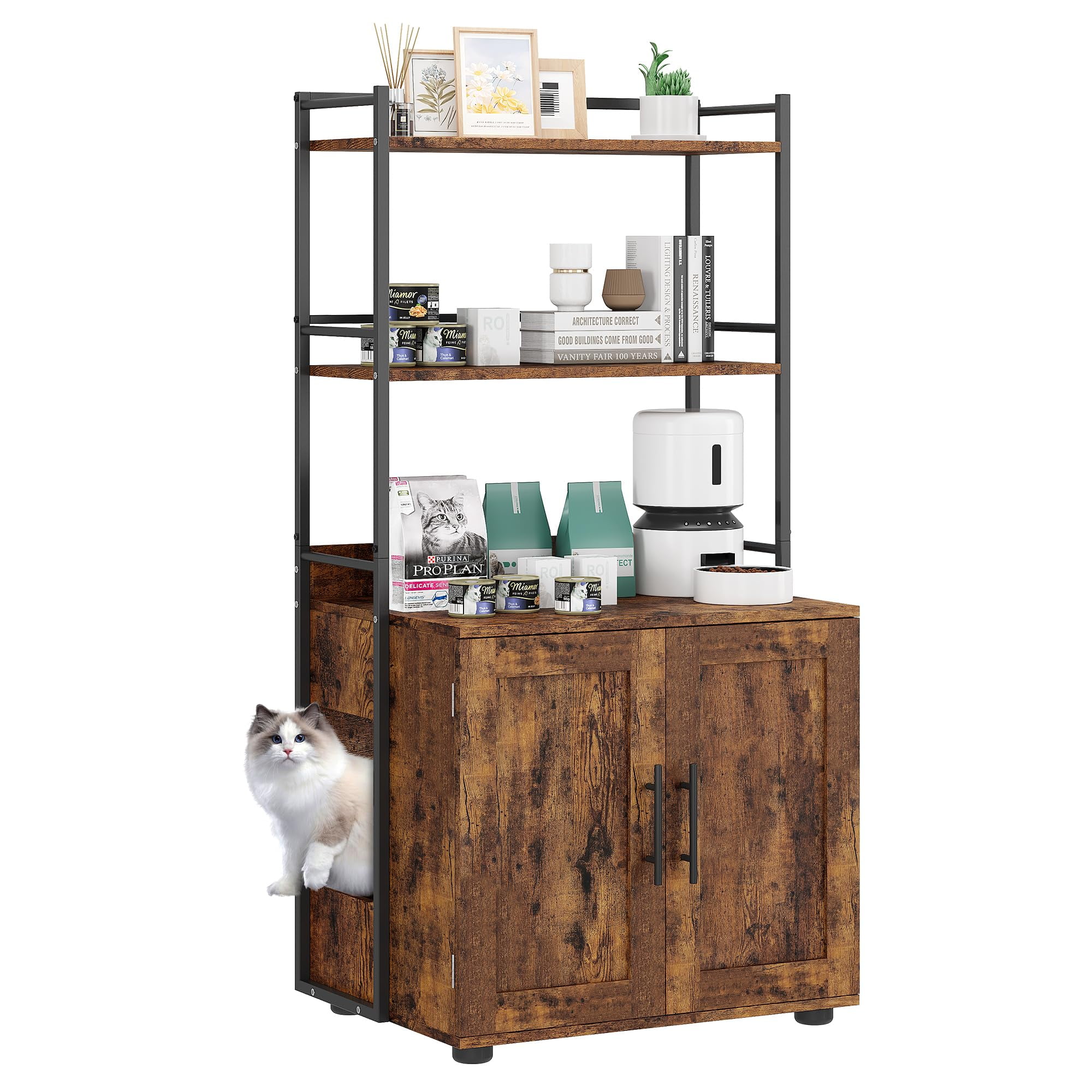 Cat Litter Box Enclosure with Shelf Storage, 2-in-1 Hidden Cat Washroom Furniture, Indoor Cat Cabinet, Hidden Cat Box Enclosure with 3 Shelves and Door, Cat House for Most Litter Box