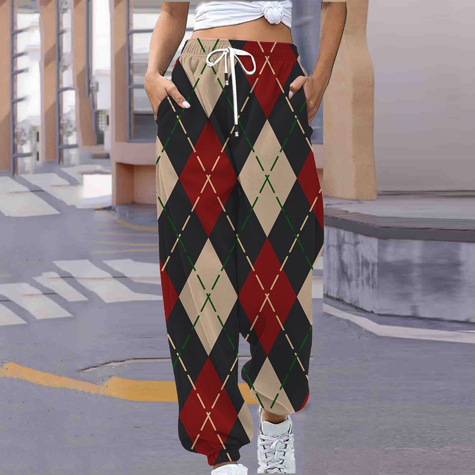 JURANMO High Waist Sports Pants for Women, Fashion Plaid Print