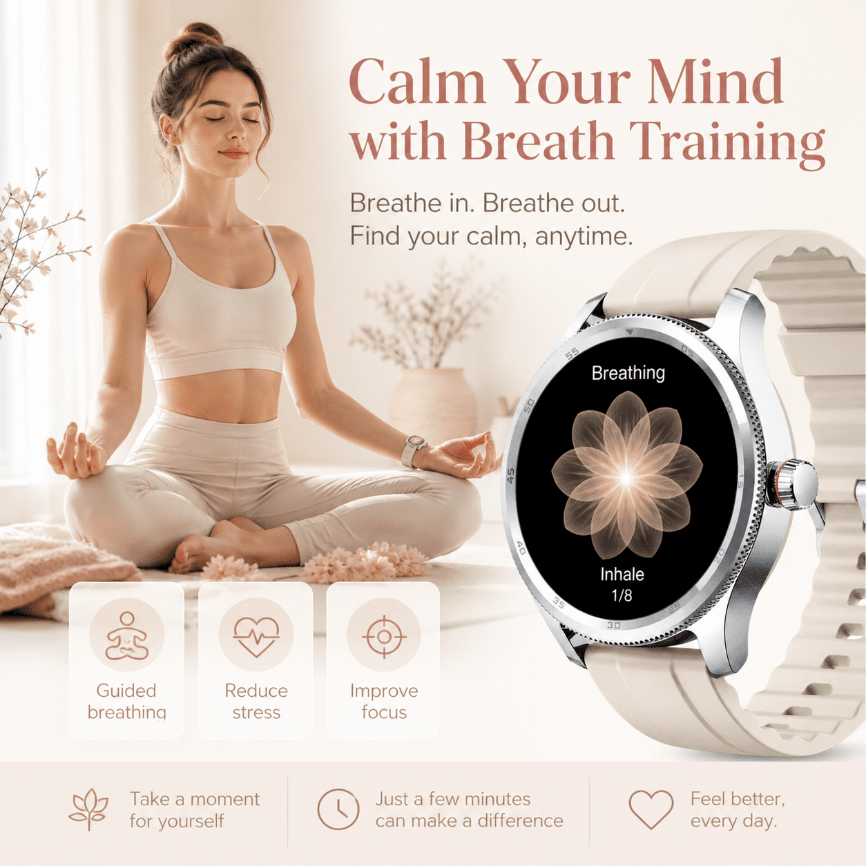 MiracoRun Women’s Smart Watch for iPhone & Android, 1.39" Round Touchscreen, Bluetooth Calling & Texts, Women’s Health Tracking- Cream