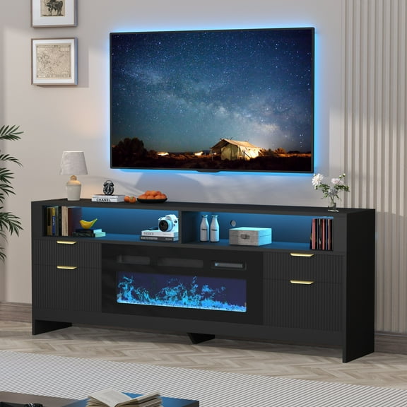 70" Fireplace TV Stand with Large Storage Cabinets, Electric Fireplace TV Stand for Living Room with LED Lights, Modern TV Console Cabinet & Media Entertainment Center with Fireplace, Black