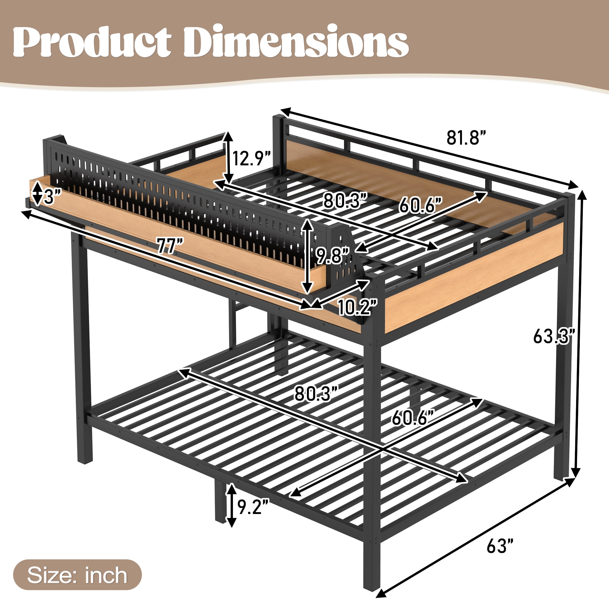 Leumius Queen over Queen Size Bunk Bed with Storage Shelves and Pegboard,Heavy Duty Metal Bunk Bed with USB Ports and LED Lights,Space-Saving,Natural