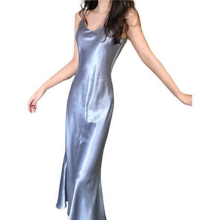 

Women s Satin Sleeveless Nightgowns Dress Summer Spaghetti Strap V-Neck Fishtail Suspender Sexy Solid Color Party Long Dresses