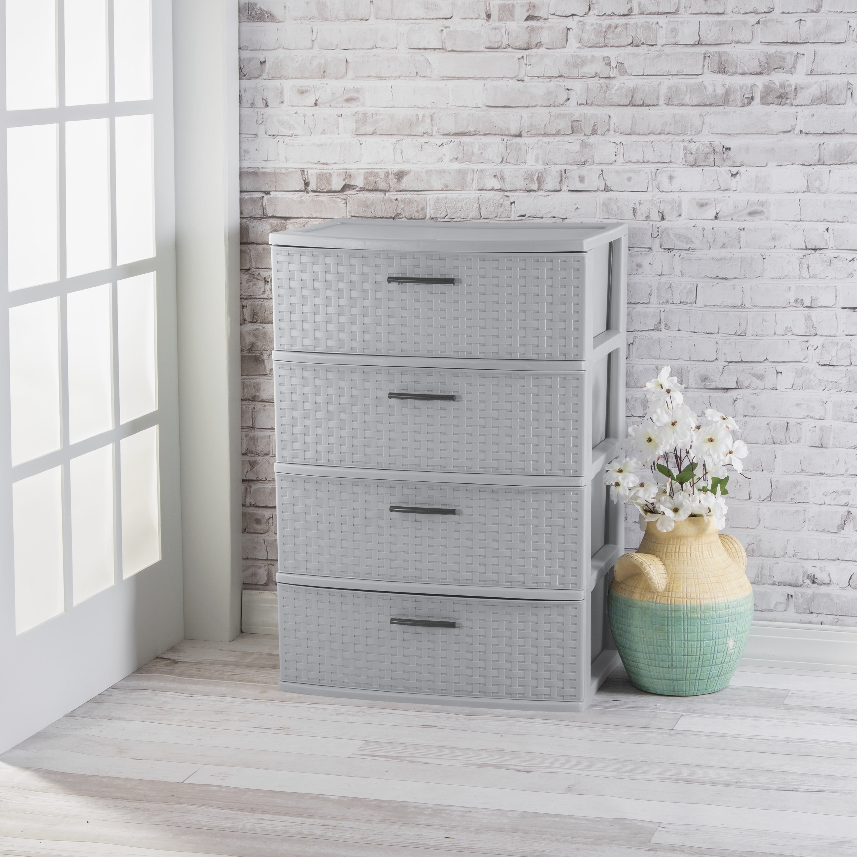 4-Drawer Dresser Chest Plastic Storage Organizer Cabinet Wide Weave Bin White 