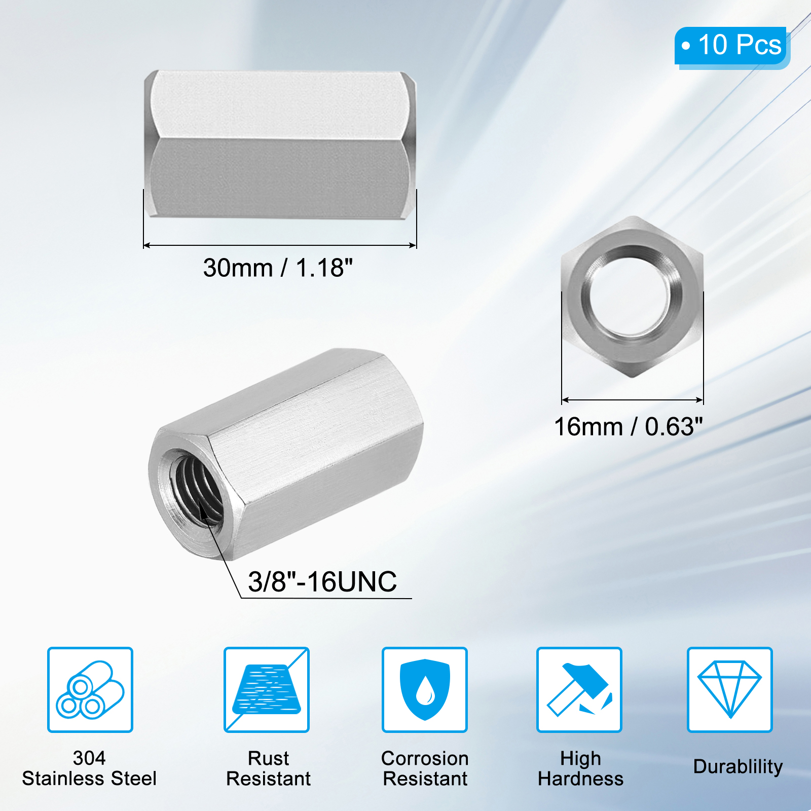 Uxcell 3/8"-16 UNC 304 Stainless Steel Hex Coupling Nuts, 10Pcs 1.2" Length Fully Threaded Rod Coupling Nut Studding Connector Fasteners, Silver Tone
