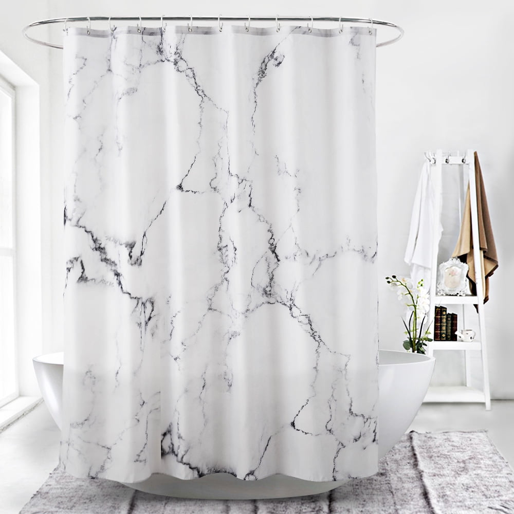 Woungzha White and Grey Marble Shower Curtain Sets with Hooks ...