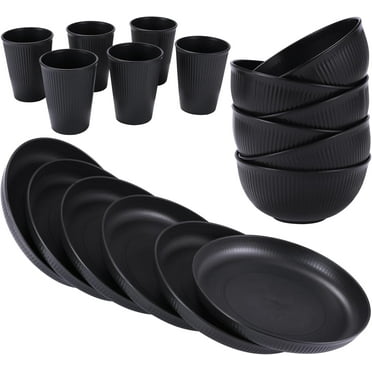 18PCS Wheat Straw Dinnerware Sets - FASDUNT Unbreakable Premium Plastic Dinnerware Sets for 6, Reusable Cups Plates and Bowls Sets for Kitchen Travel Camping (Black)