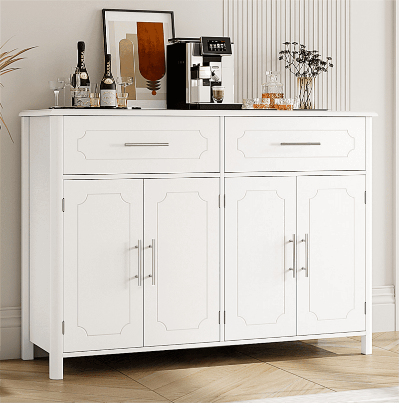 Homfa 4 Doors Kitchen Sideboard Buffet Cabinet with 2 Drawers, Modern Coffee Bar Cabinet Storage Cabinet for Living Room, White
