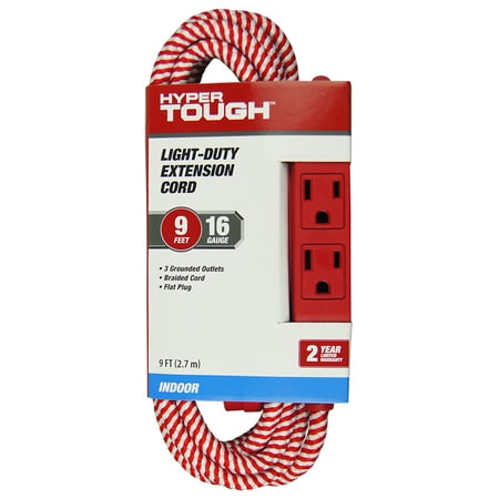 Hyper Tough 3-Outlet 9 Foot Fabric Candy Cane Extension Cord, Red
