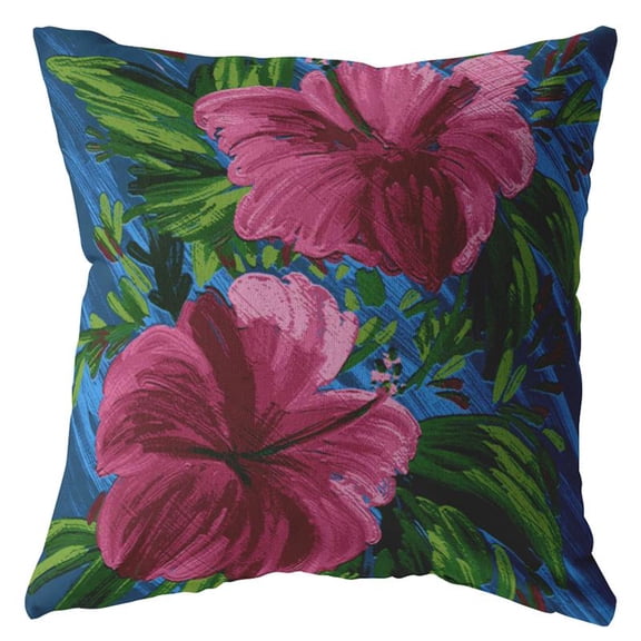 Amrita Sen Hawaiian Flowers 18" Suede Zippered Pillow in Hot Pink/Blue