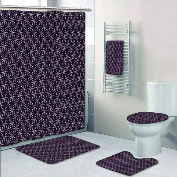EREHome Geometric Pinwheel with Dark Color Palette Abstract Winter Motifs Mauve Lavander 5 Piece Bathroom Set Shower Curtain Bath Towel Bath Rug Contour Mat and Toilet Lid Cover