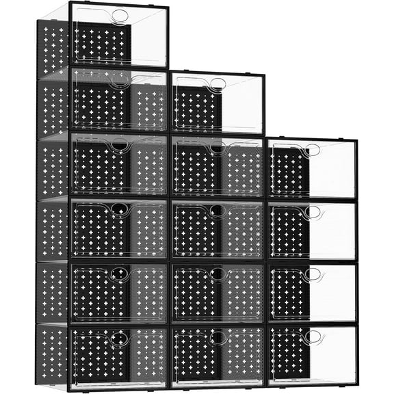 15 Pack X-Large Shoe Storage Boxes Fit US Size 12, Shoe Organizer for Closet Clear Plastic Stackable Shoe Dispaly Case Holder Bins, Sneaker Storage for Sneakerheads