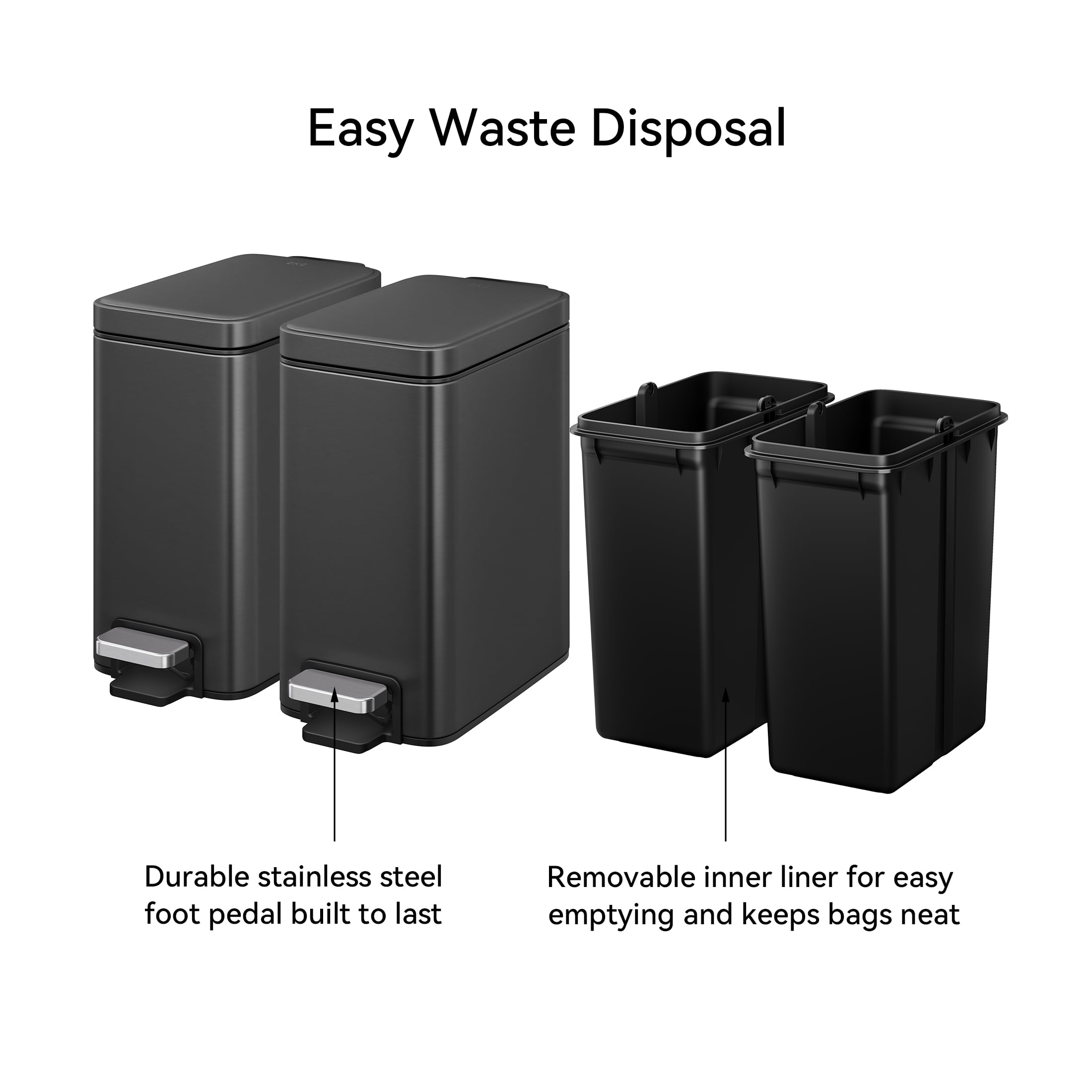 EKO Genie Bathroom Trash Can 2 Pack, 1.3 Gallon Stainless Steel, Gun Metal with Sample Trash Bags Included