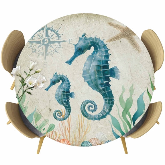 Seahorse Coastal Round Tablecloth, Fitted Table Cover with Elastic for 55"-60" Round Tables, Vintage Nautical Ocean Starfish Compass Table Cloth Outdoor Indoor Dinning Party Waterproof Tablecloths