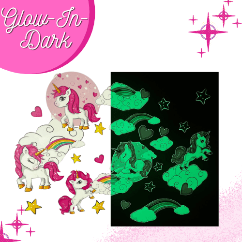 Glow in The Dark Unicorn Wall Decals(Pink) - Quality Peel and Stick Vinyl Stickers - Wall Decor for Kids & Classroom – Set of 96 Glowing Unicorns, Rainbows, Hearts, & Stars