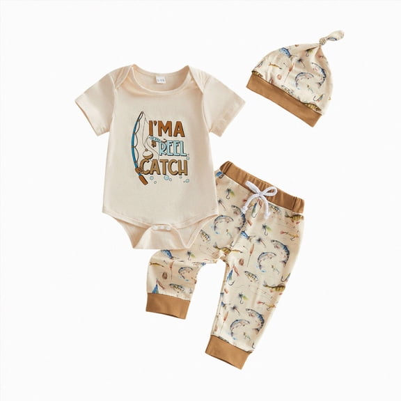 CAUYDY Newborn Clothes Baby Boy Fall Winter Outfits Cute Romper Pants Warm Hat 3-Pieces Set for Preemie Infant 0 3 6 9 12 Months Layette Set (Sizes 0-3 Months,Khaki)