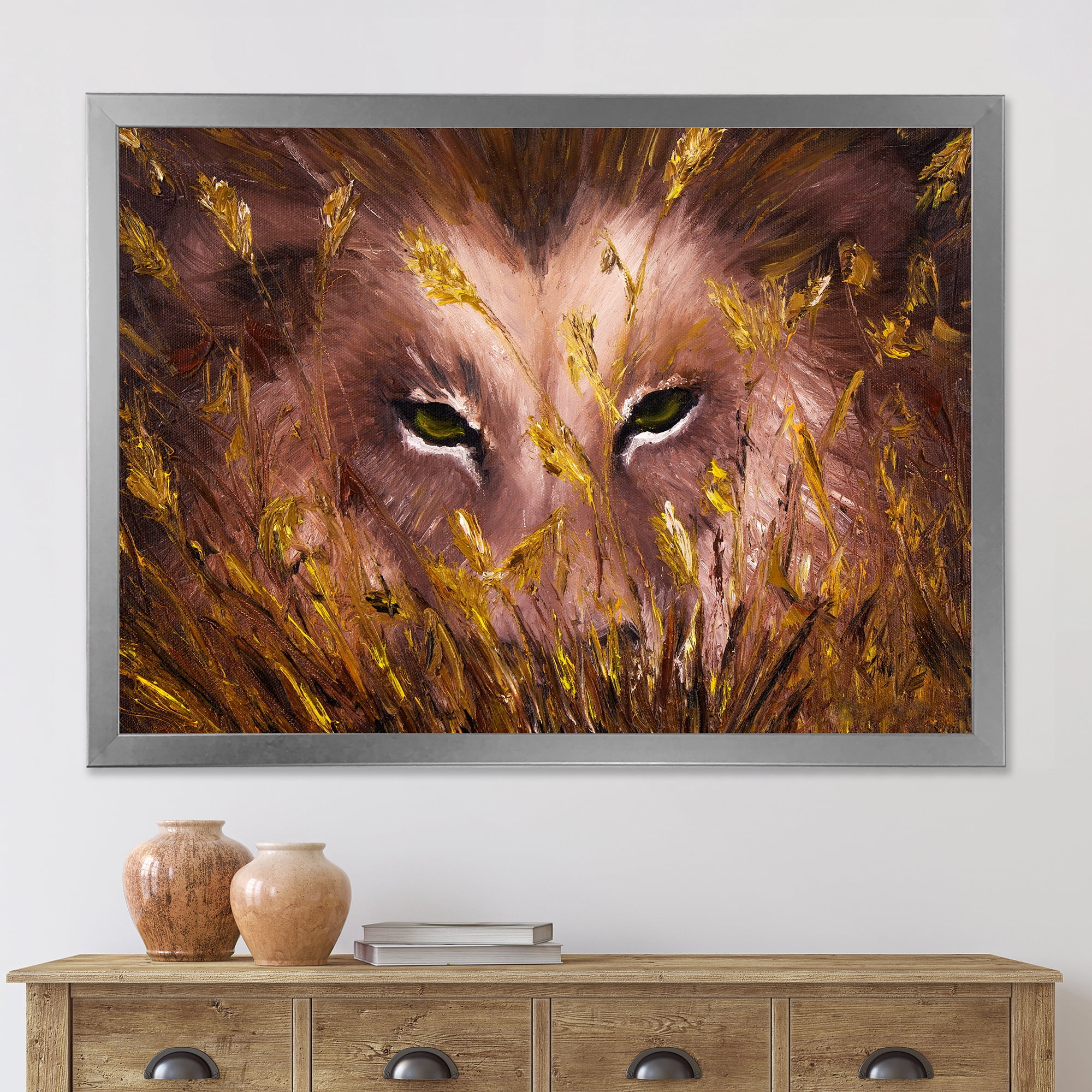 Designart 'Close Up Of Wolf Eyes In The Grass' Farmhouse Framed Art Print