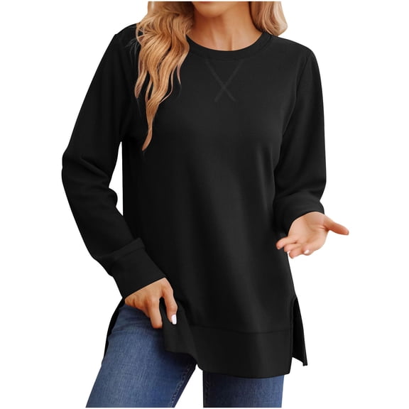 WMTBSRSW Ribbed Long Sleeve Tops for Women Trendy Side Split Crewneck Blouse Lightwieght Solid Loose Casual Dressy Shirts Spring Fall Outfits