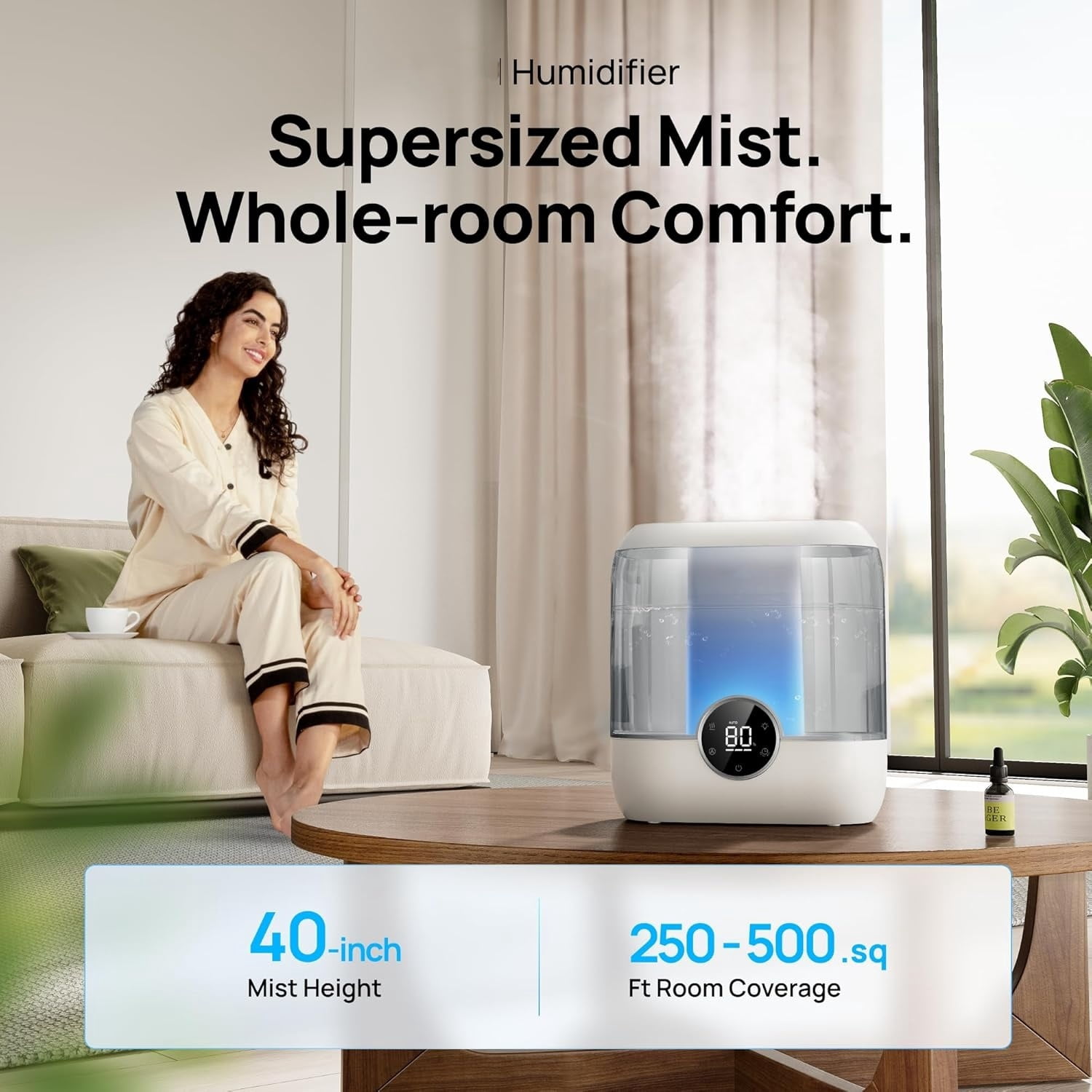 6L Top Fill Humidifiers for Bedroom, 60H Runtime 28 dB Quiet Supersized Cool Mist Air Humidifiers for Large Room, Baby Nursery, Plant, Indoor, Night Light, Easy to Clean, Precise Humidity Control