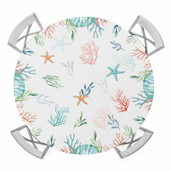 Elastic Fitted Round Tablecloth, Beach Coastal Waterproof Stretch Table Cover for 36"-44" Tables, Summer Coral Starfish Nautical Ocean Washable Outdoor Tablecloths for Patio, Picnic, Camping