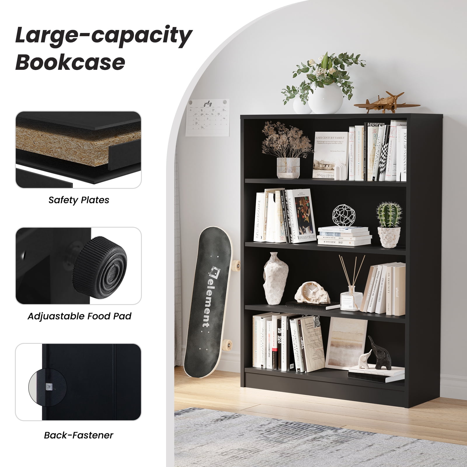 STARY 4 Tiers Bookcase, Wooden Bookcase with Adjustable Shelves for Home, Office, Black