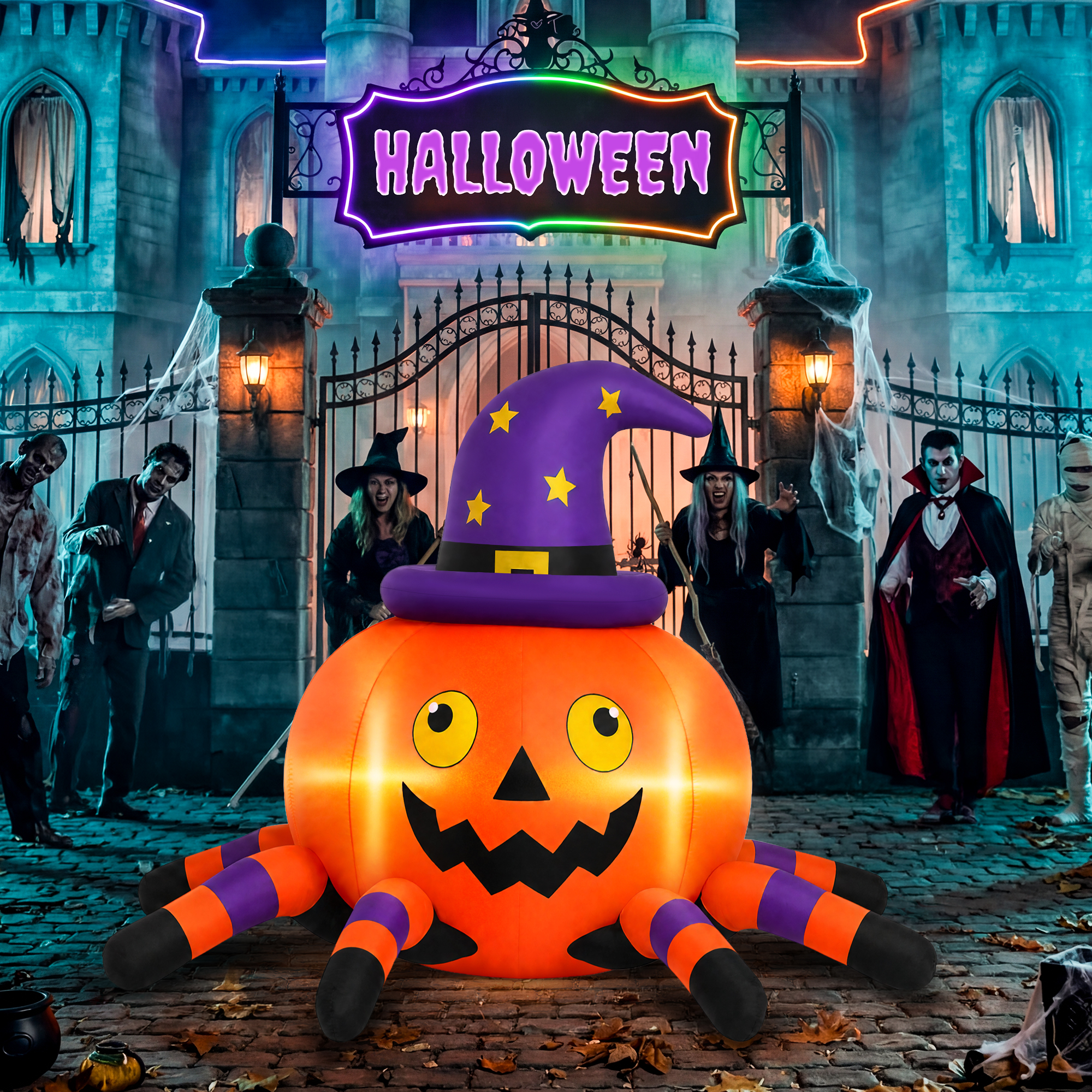 Firstness 6.2 Ft Halloween Inflatable, Pumpkin Spider with LED Lights photo 8