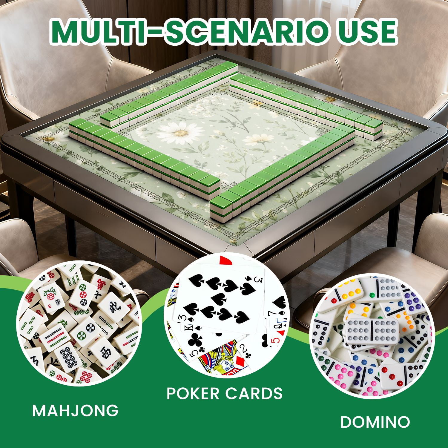 Mahjong Mat 31.5" x 31.5" Floral Daisy Wildflowers Pastel Green Non-Slip Noise Reduction American Mahjong Tiles Table Cover for Dominoes Poker Card Board Games Gift