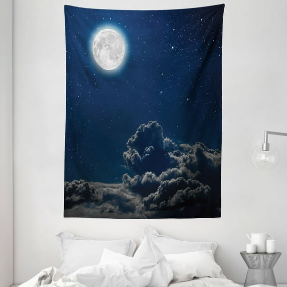 Galaxy Tapestry, Moon and Stars in Magical Midnight Sky Starry Night with Clouds Milky Way Art, Wall Hanging for Bedroom Living Room Dorm Decor, 60W X 80L Inches, Grey Dark Blue, by Ambesonne