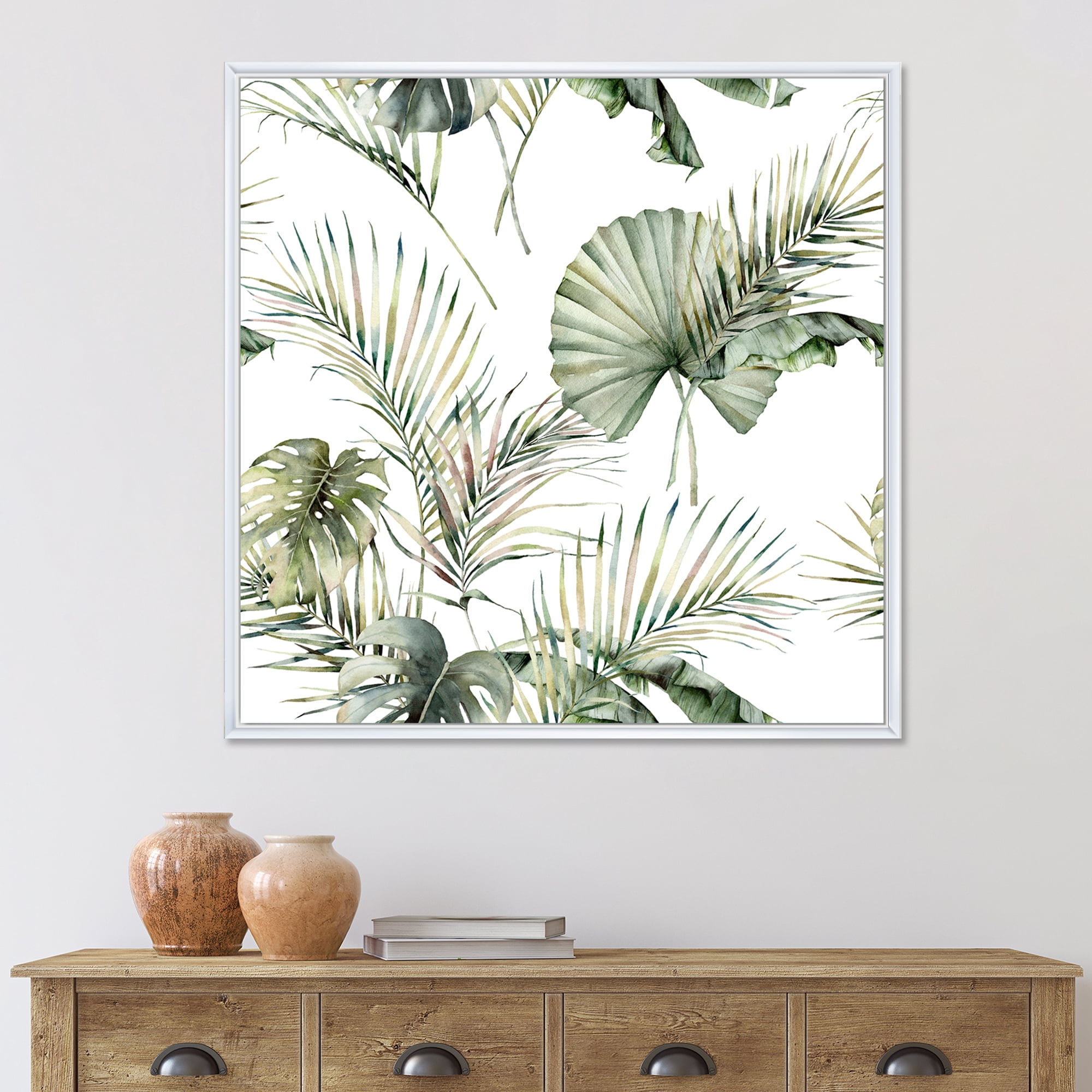 Designart 'Monstera and Coconut Leaves With Tropical Pattern' Traditional Framed Canvas Wall Art Print