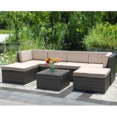 7 Piece Outdoor Wicker Sofa Wisteria Lane Patio Furniture Set Garden 7 Piece Outdoor Wicker Sofa Wisteria Lane Patio Furniture Set Garden Rattan Cushioned Seat With Coffee Table Gray